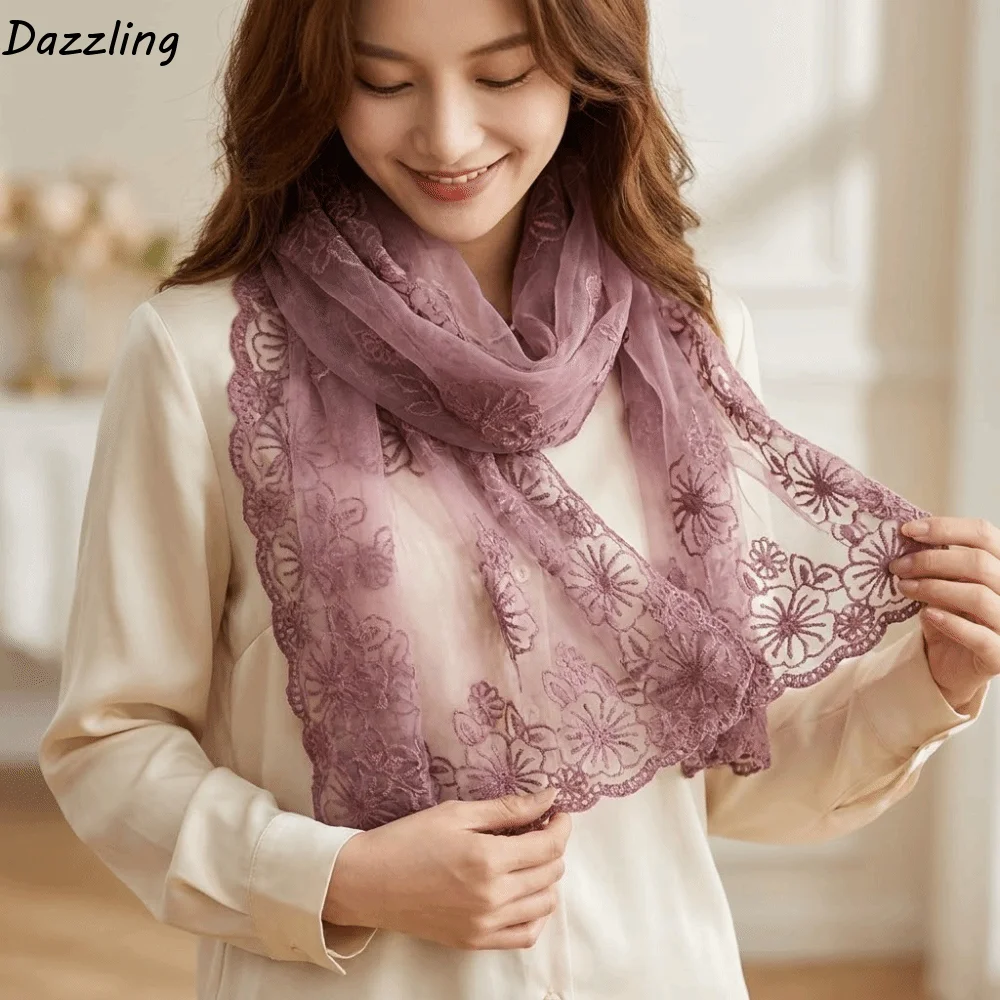 

Retro Elegant Lace Scarf Long Thin Retro Style Embroidered Flower Shawl Thin Literary Korean Version Scarf Sunscreen