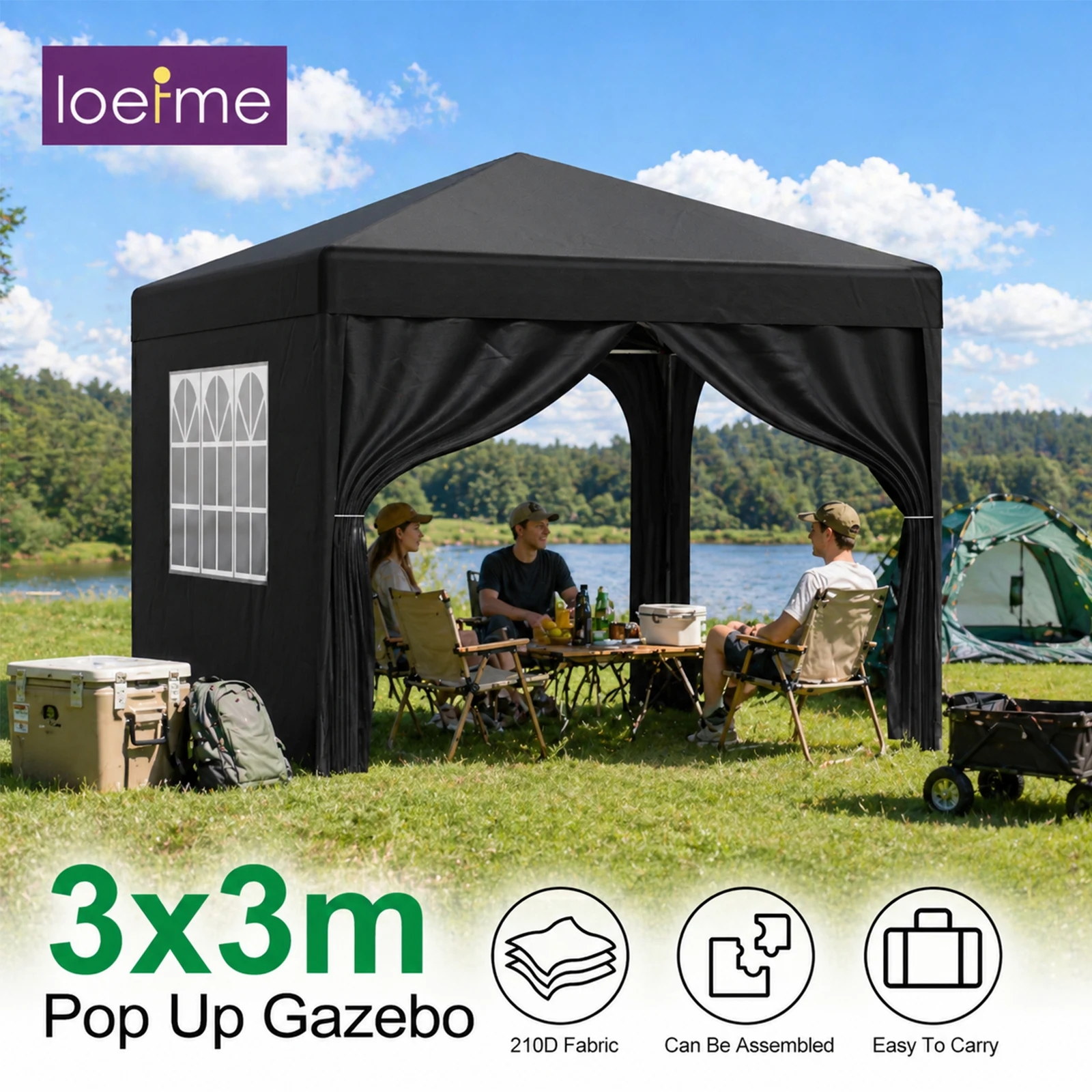 LOEFME Tonnelle Pop-Up Portable 3x3M 2x2M, Tente de Jardin Extérieure Imperméable et Coupe-Vent, Abri Solaire avec 4 Parois Latérales Amovibles, Installation Instantanée, Idéale pour le Camping, la Randonnée, les Fêtes
