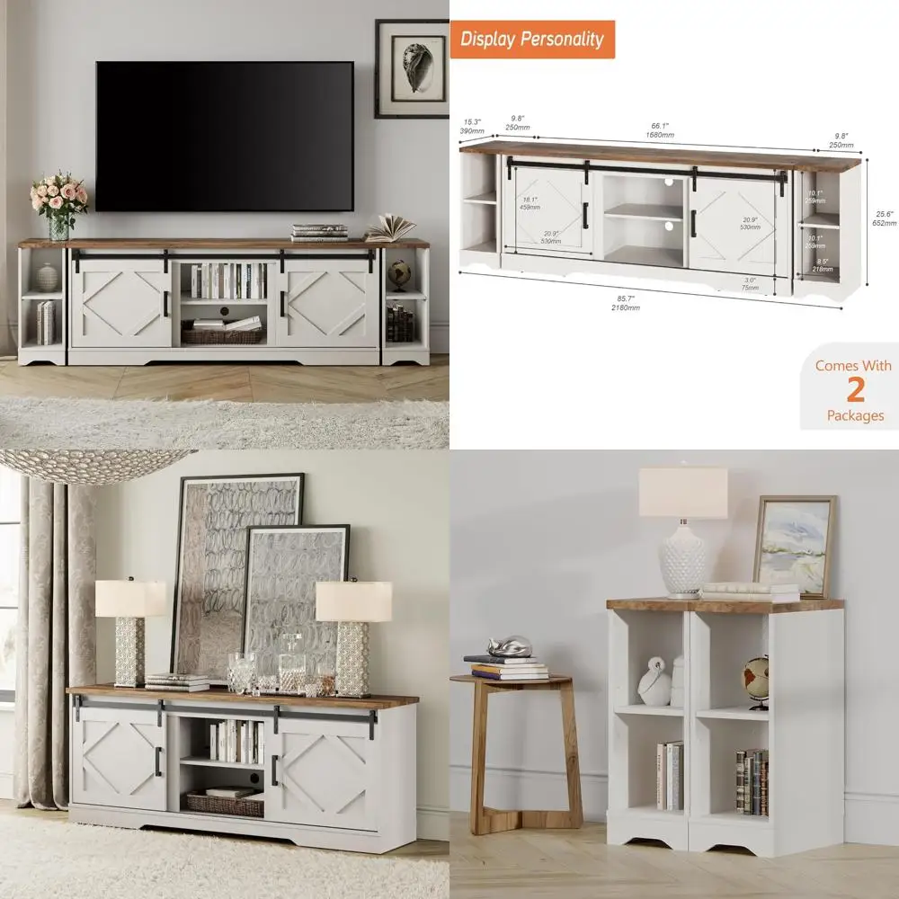 حامل تلفزيون متعدد الوظائف على طراز المزرعة لـ 95 تلفزيونًا، مركز ترفيه خشبي 3 في 1 مع باب منزلق وأرفف قابلة للتعديل #1