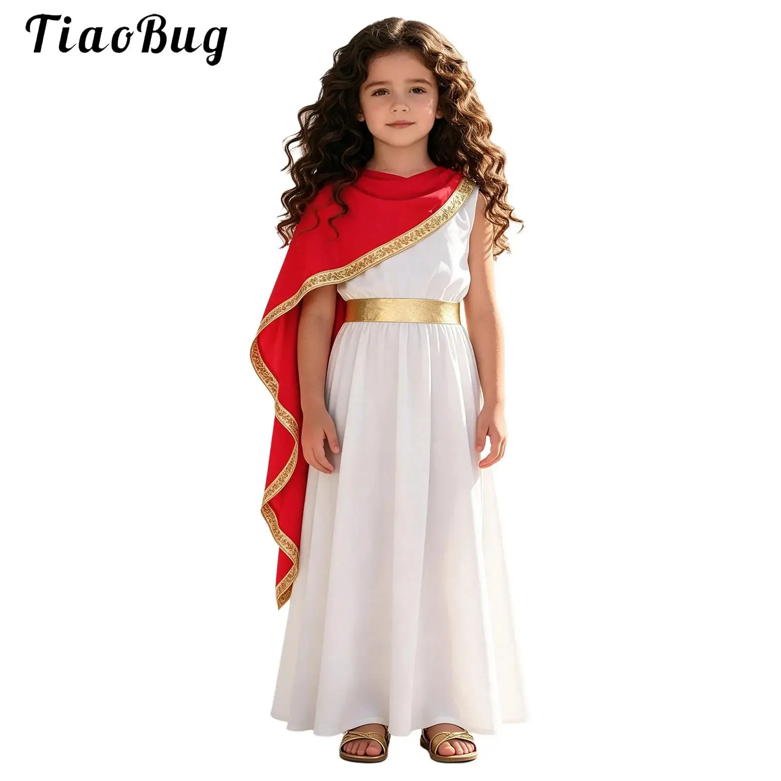 Kids Girls Ancient Greek Roman Toga Costume Sleeveless Metallic Gold Trim Shawl Athena Goddesses Princess Dress Halloween Party