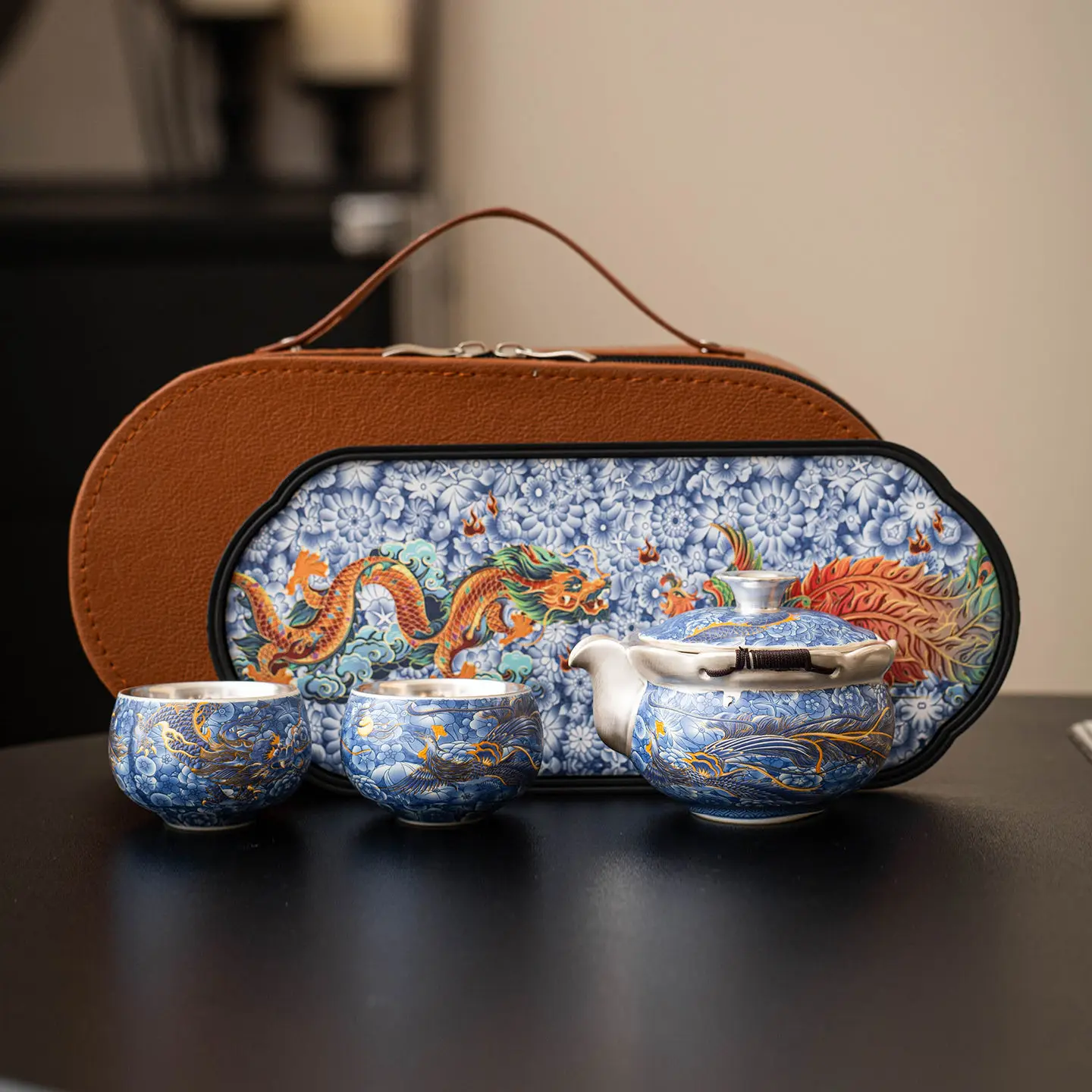 

999 Liu Yin blue and white dragon and phoenix travel tea set, portable express cup outdoor tea set when going out