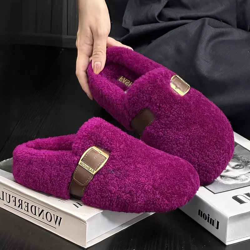 

Fur Women Cotton Slippers Flats Casual Mules Shoes Short Plush Cozy Snow Boots 2025 Winter Home Flip Flops New Dress Woman Shoes
