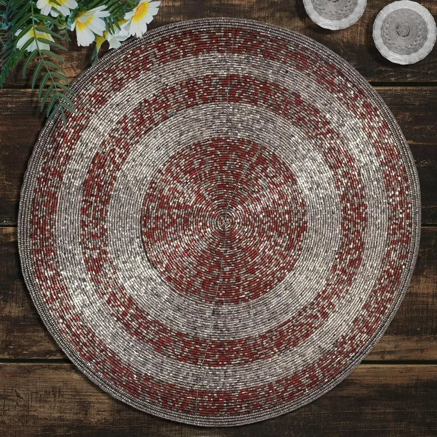 

Beaded Round Placemats Set of 16 14Inch Red Handcrafted Glass Bead Place Mats for Dining Table Decor HeatResistant Rustic Farmh
