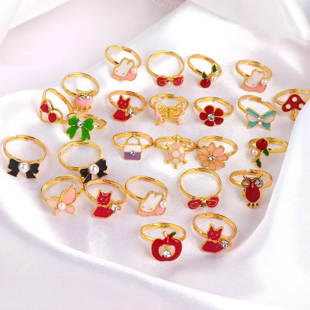 12/36 Pcs Adjustable Alloy Baby Girl Rings with Heart Shaped Box Cartoon Mix Finger Jewellery Rings Kid Girls Toys Random Color