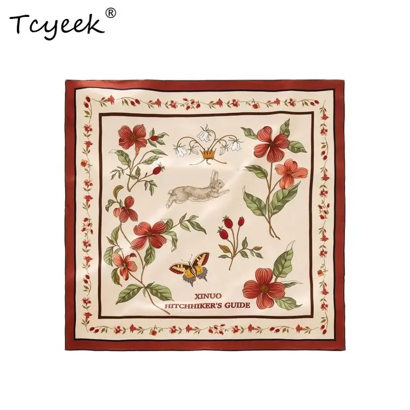

Tcyeek, 16MM 100%Mulberry Silk Original Kerchief, Flower Printed, Women Sweet Romantic Mom's Gifts French Scarf New A43348QC
