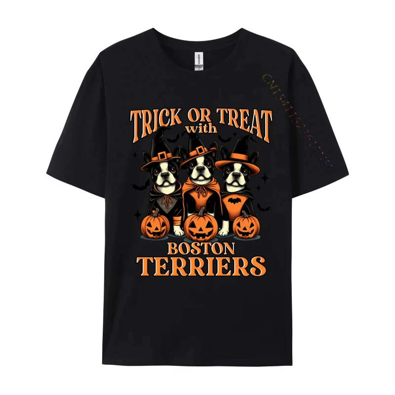 Trick Or Treat With A Boston Terriers Halloween Season Design Cotton T Shirt for Men Casual Tops Tees Company Casual