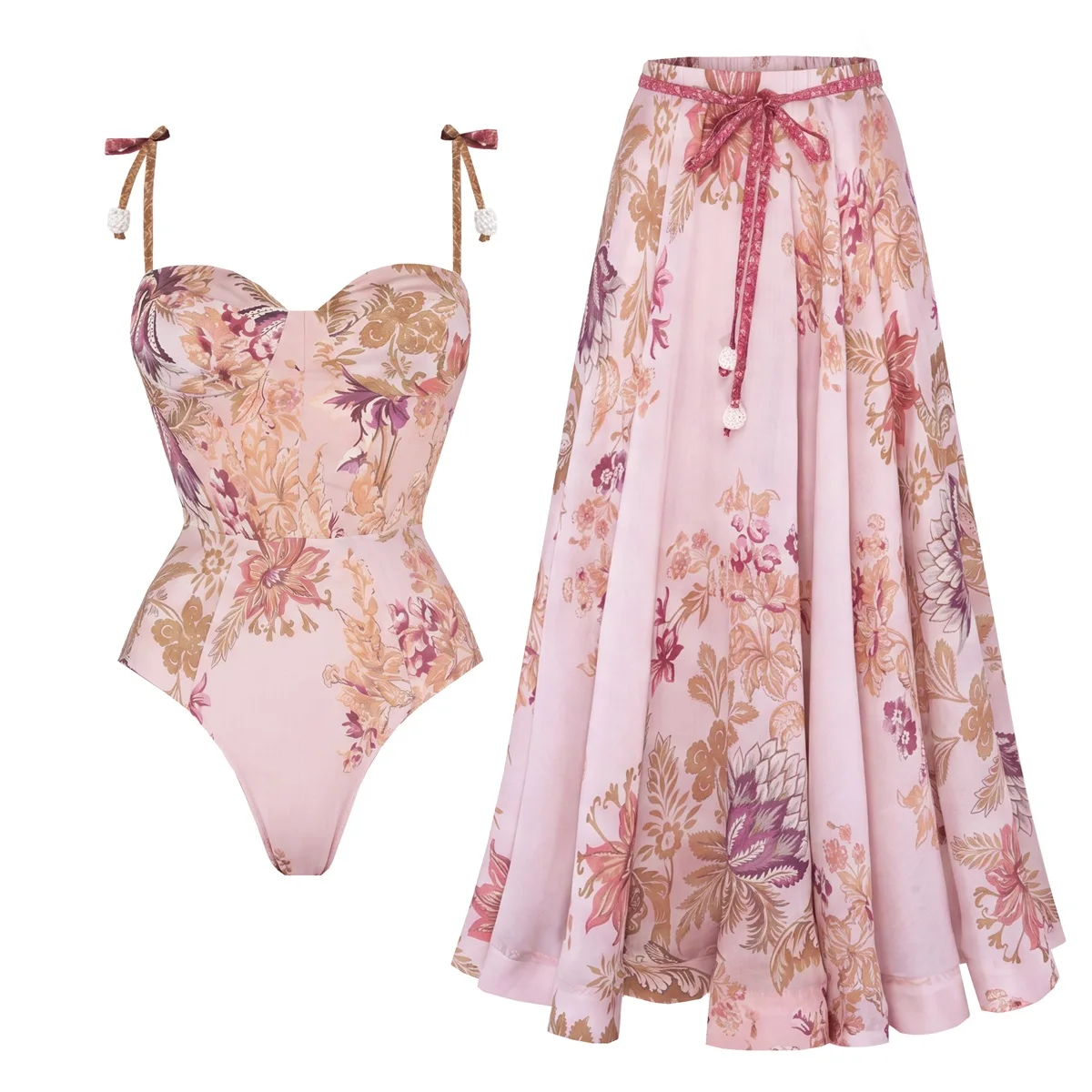Floral 2Pcs Push Up Swimsuit Women Sexy Bikini Female Swimwear Print Biquini Long Skirt Cover Up Swim Suit Bathingsuit Beachwear