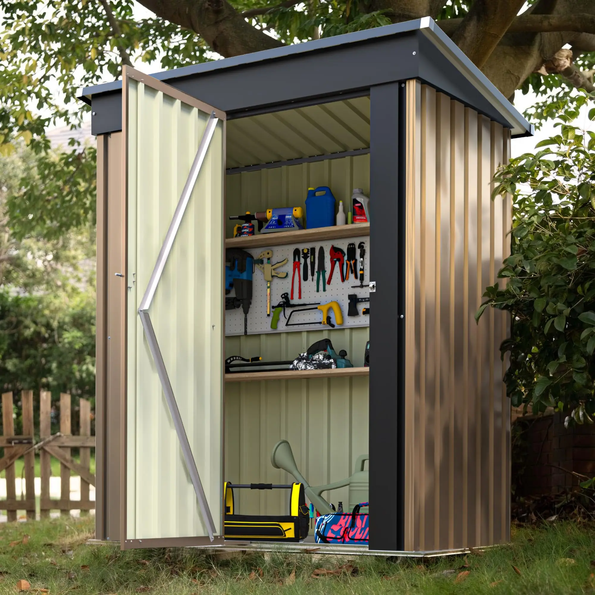 5x3 FT Outdoor Storage Shed, Brown | Small Metal Tool Sheds, Lockable Door, Sloping Roof, Utility Garden Shed for Lawn