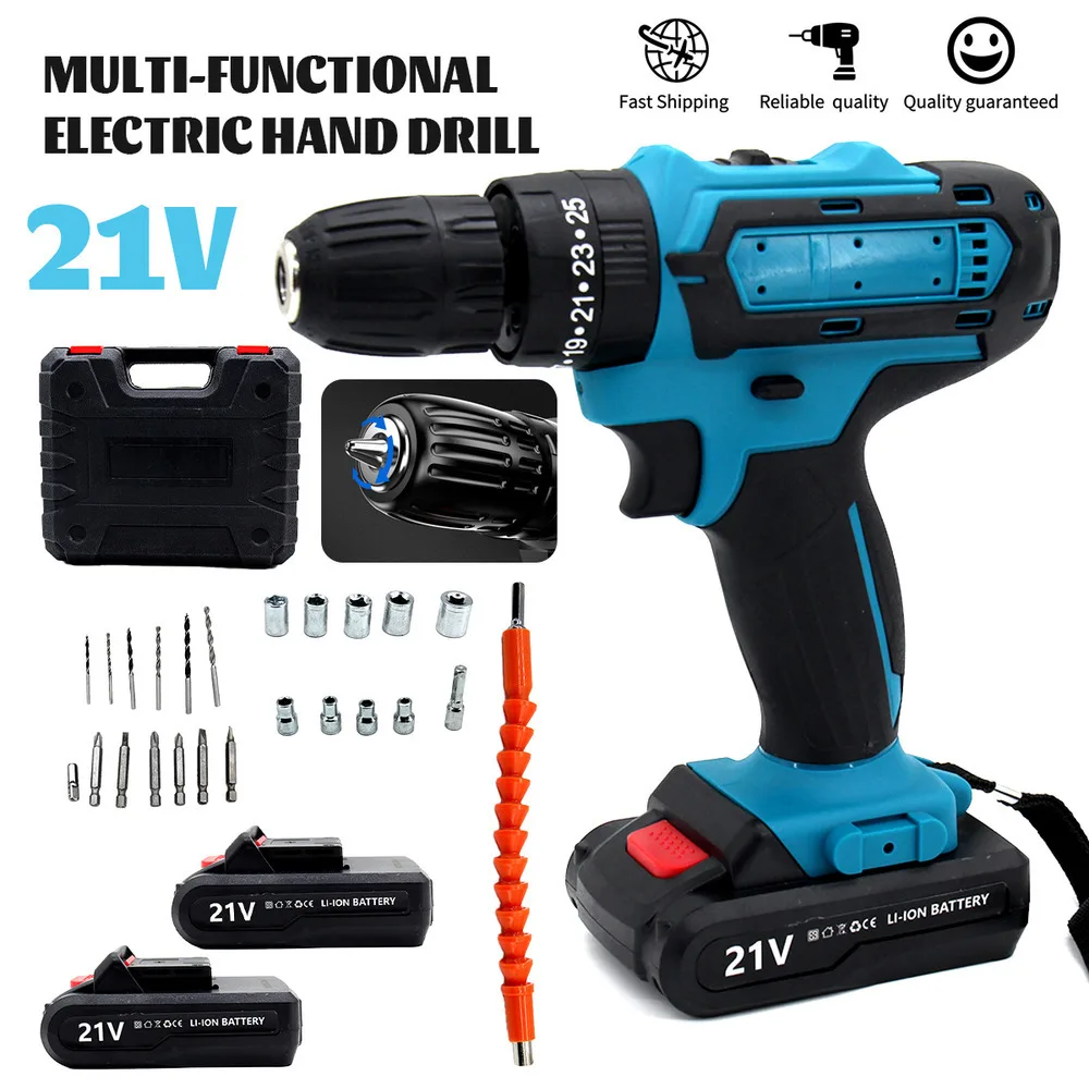 21v Cordless Handheld Impact Drill Power Screwdriver Combo Multifunction Power Tool Kit 2 Batteries