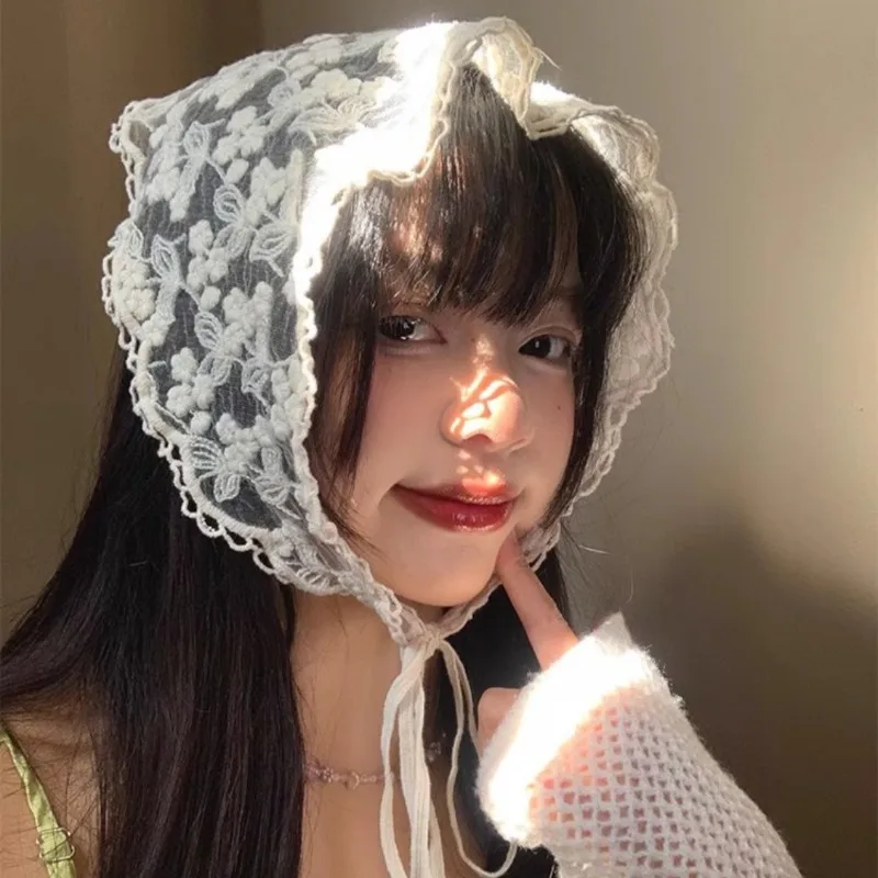 New White Woven Floral Lace Hair Scarf Wraps Women Retro Triangle Headscarf Hat Travel Photo Headband Hair Accessories