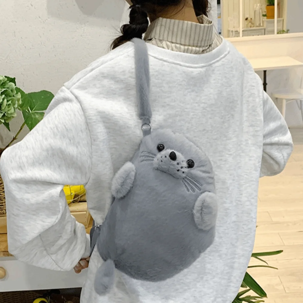 Modische Weiche Flauschige Niedliche Robben-Schultertasche Cartoon Leichte Handytasche Stoff Verstellbare Trageriemen Handtasche Damen-Accessoires – Detail 14