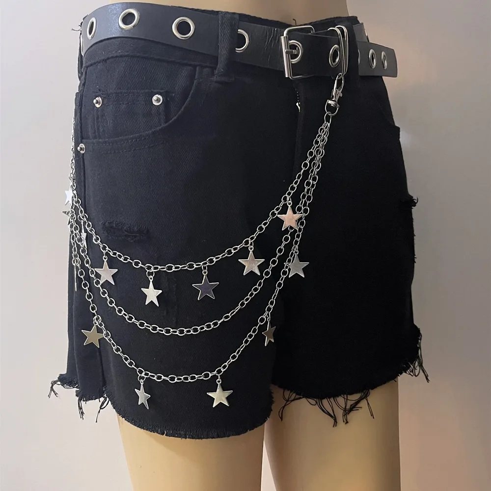 Hip Hop Five-Pointed Star Pendants with Tassel Butterfly Double Layer Pants Chain Necklace Pocket Decor Stars Waist Chain Woman