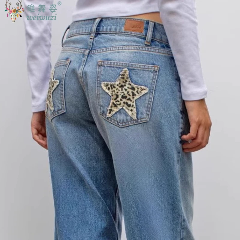 Amerykańskie damskie jeansy retro w panterkę z naszywkami w gwiazdy, proste spodnie dżinsowe, codzienne niebieskie spodnie z szerokimi nogawkami, jesienne spodnie w stylu Y2k.