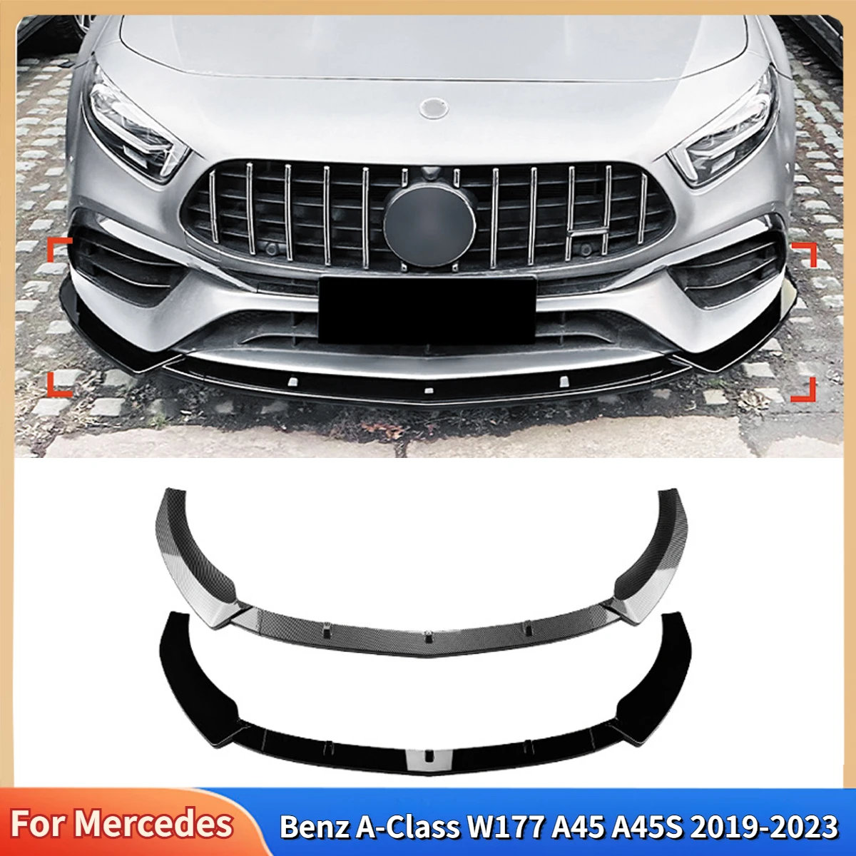 For Mercedes-Benz A-Class W177 A45 A45S 2019-2023 High Quality Front Bumper Lip Spoiler Body Kits Accessories Gloss Black ABS