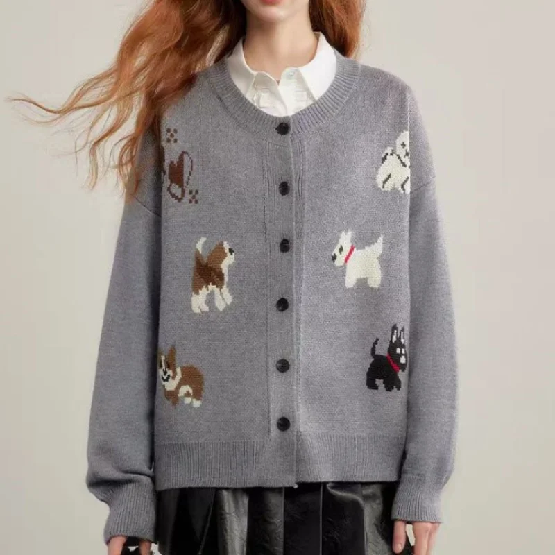 Casual Sweet Cartoon Cute Dog Y2K Knit Coat Women Straight Sweater New O-Neck Grey Trendy All-Match Cardigan Elegant Chic Coat