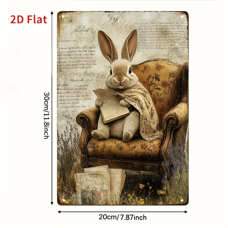Metal And Iron Logo Decor in 2D Printing, Featuring a Vintage Reading Bunny, Measuring 7.87X11.8 Inches (20X30 Cm). This Decorat