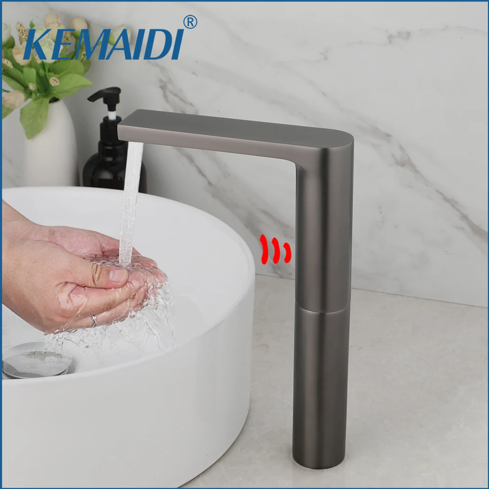 

KEMAIDI Grey Brass Bathroom Basin Faucet Automatic Touch Sense Faucets Bathroom Sink Free Touch Cold Hot Water Mixer Tap