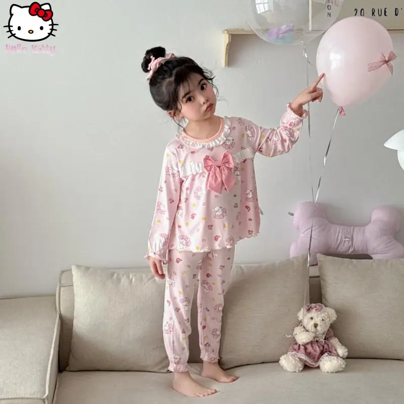 

2Pcs Sanrio Cartoon Girls Pajamas Kuromi Melody Cinnamoroll Nightwear Child Baggy Comfort Kawaii Breathable Cotton Bow Underwear