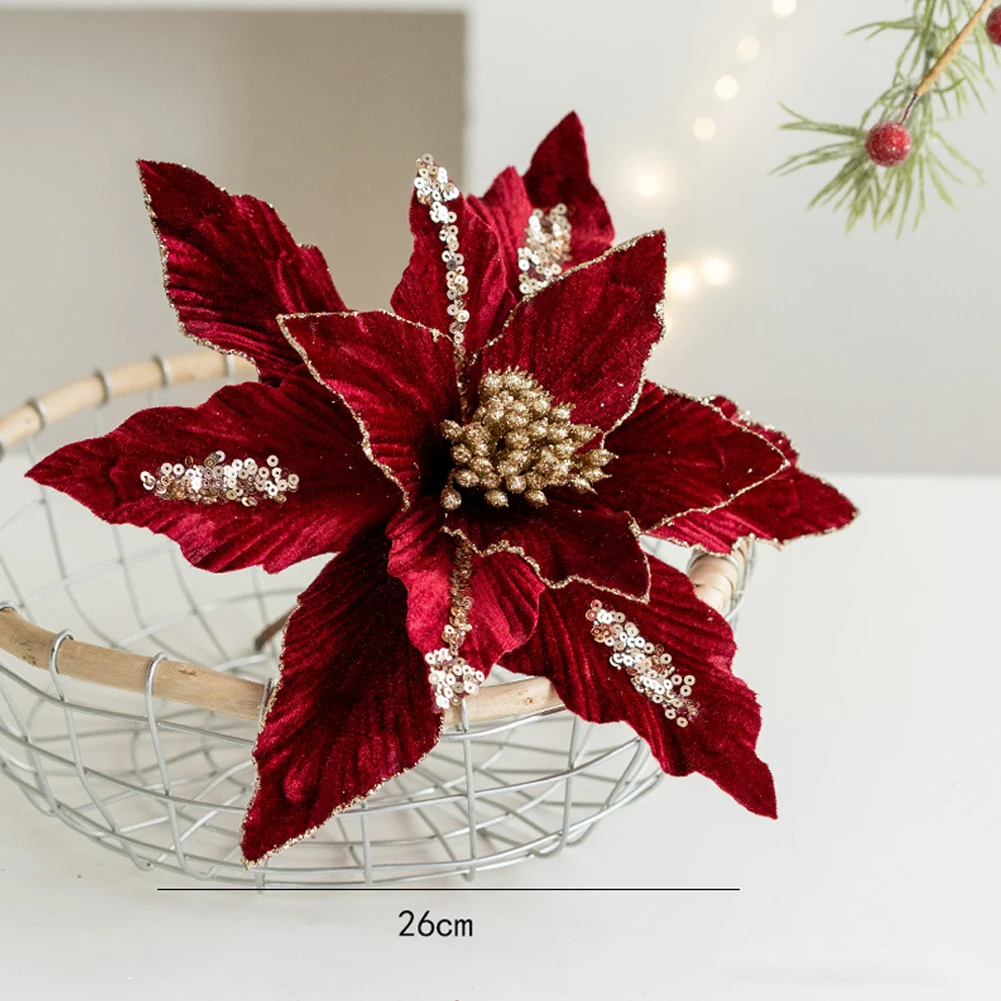 Glitter Christmas Poinsettia Flower 26cm Realistic Xmas Tree Hanging Flower Merry Christmas Decoration Xmas Gifts Happy New Year