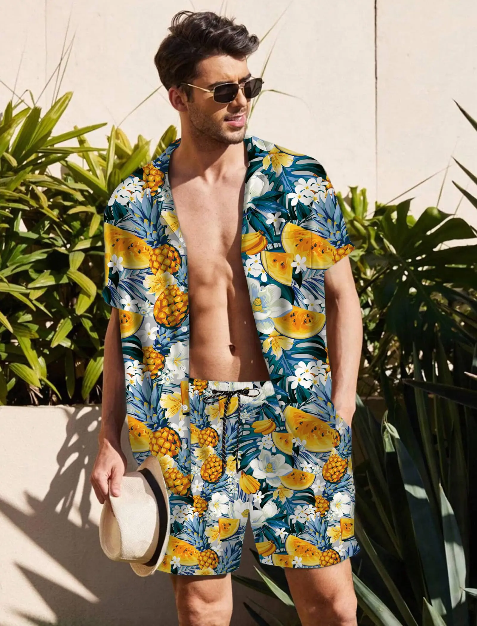 

KYKU Mens Hawaiian Shirt and Short Set - Summer Short Sleeve Button Down Beach Shirts Tropical Vacation 2 Piece Outfits