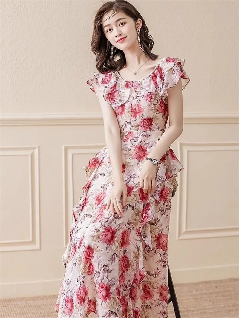 Abito floreale unico e bello per donna Abito estivo modesto dimagrante stile medio-lungo per le vacanze al mare G1252