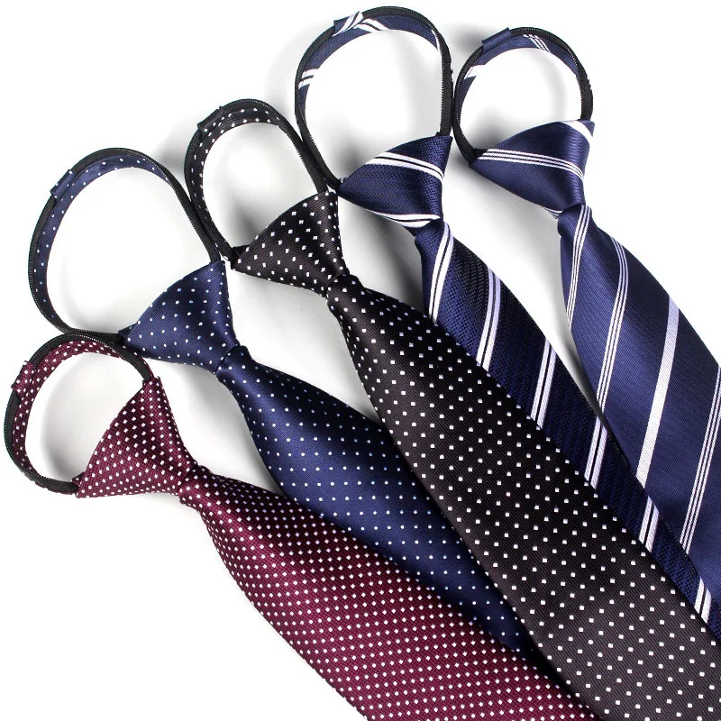 8cm Lazy Man Knotless Zipper Neckties 1200 Thread Polyester Yarn Weaving Jacquard Stripe Tie Both Male and Female