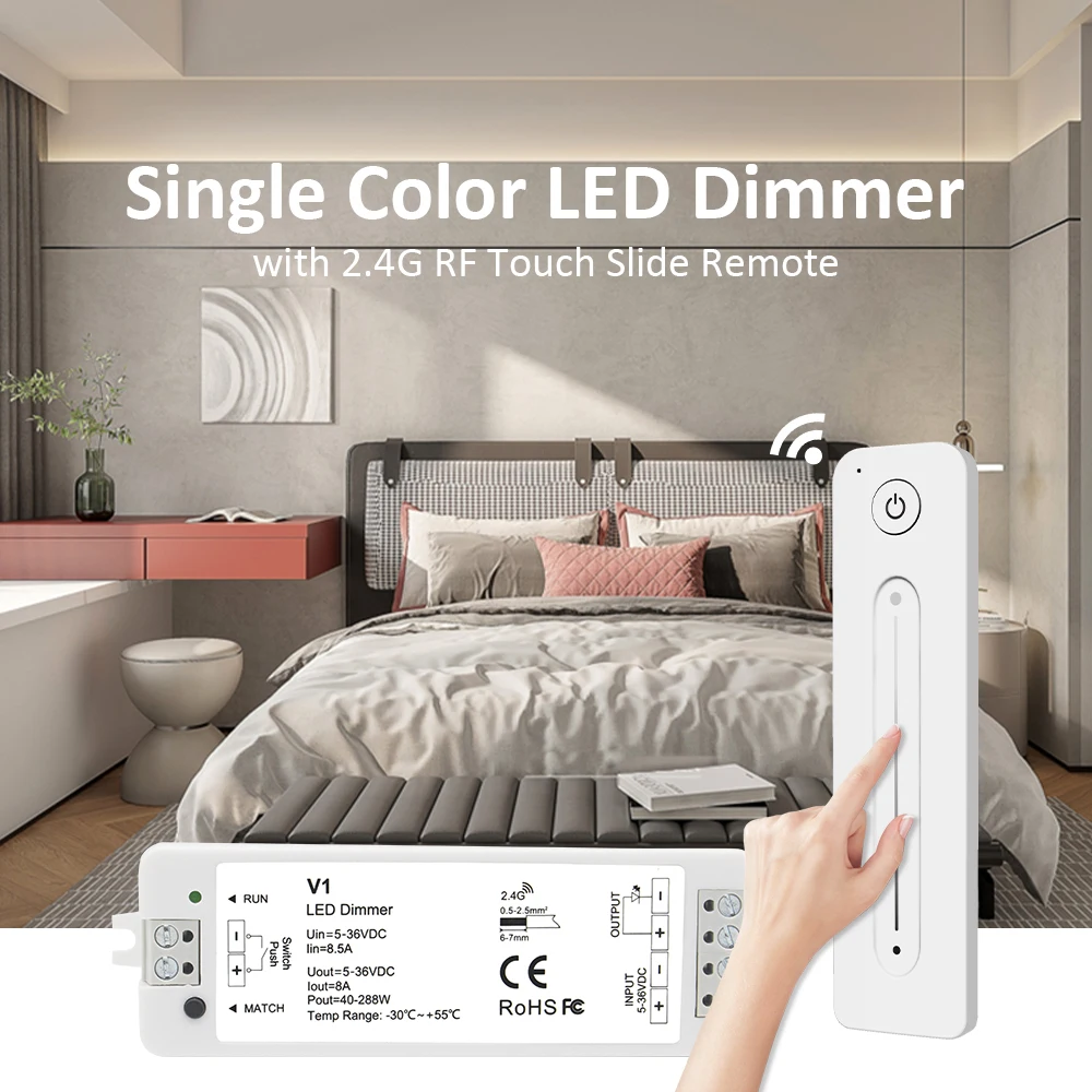 

Single Color LED Dimmer 5V 12V 24V 36V 8A Dimming 2835 5050 FCOB Strip Light Controller RF 2.4G Wireless Touch Remote Control V1