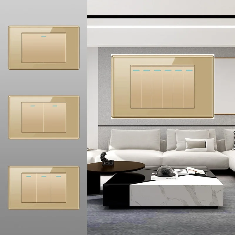 

Gold Color 1Gang 2Gang 3Gang 4Gang 5Gang 6Gang Doorbell Light Switch Tempered Glass 118 US Standard Brazil Panel Wall Switches