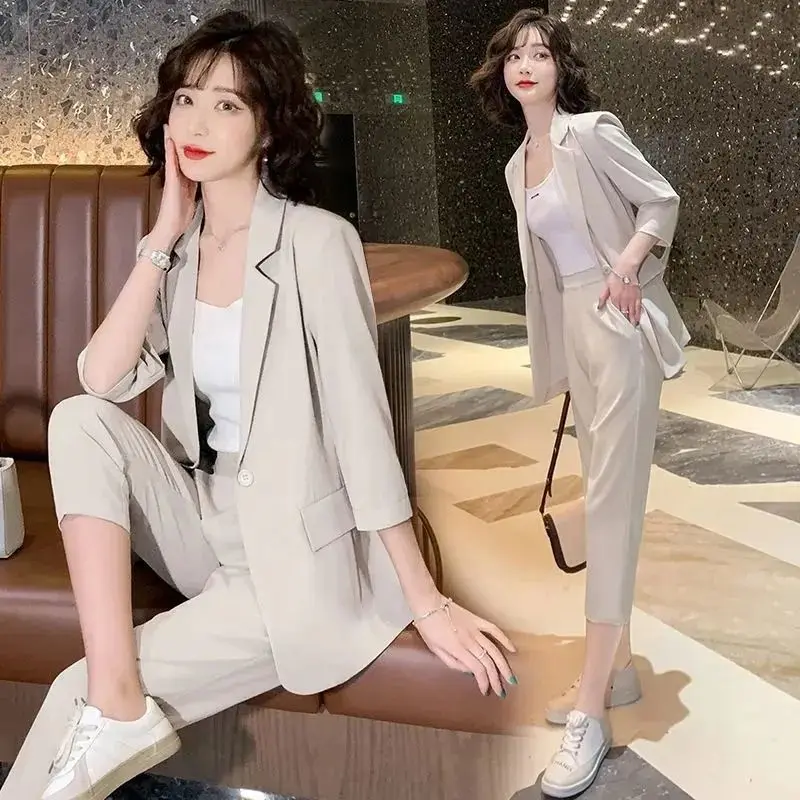 Korean Style Thin Jacket Blazer Casual Pencil Pants Two-piece Elegant Women's Pants Set Office Outfits Popular Clothing