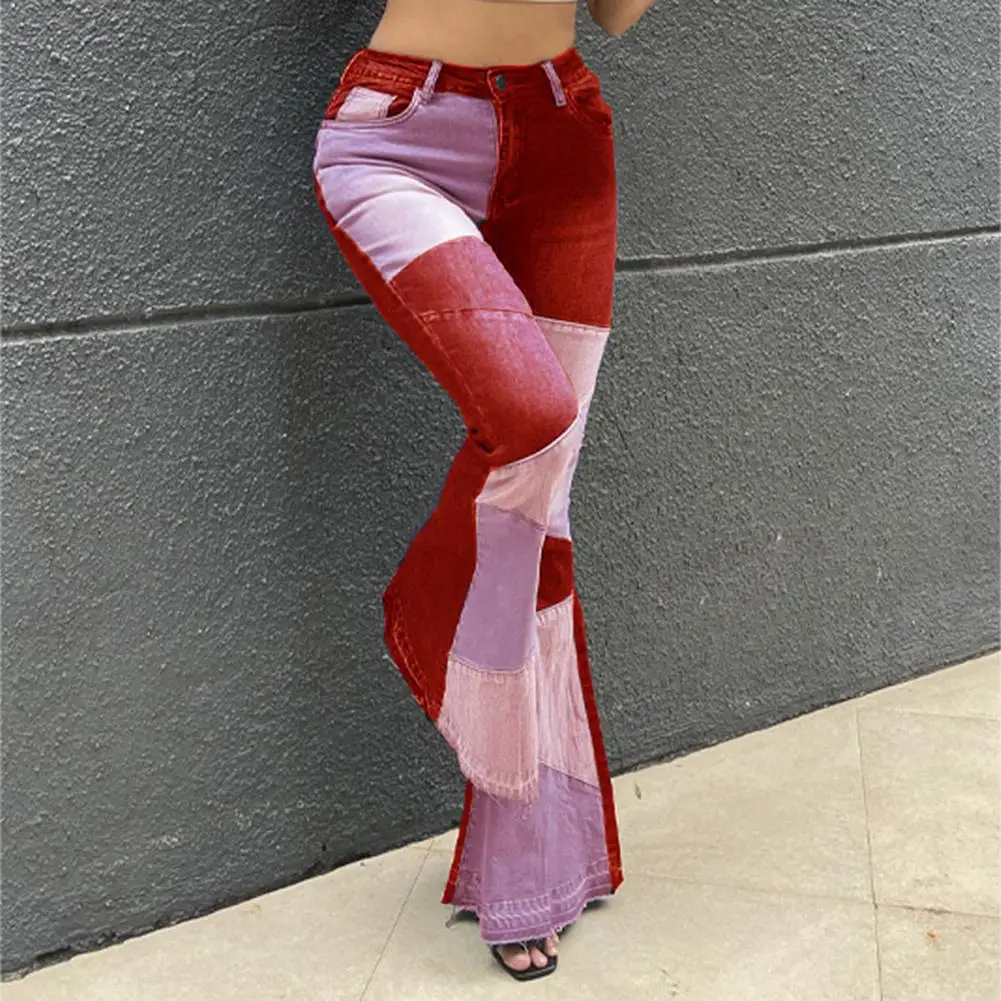 

High Waist Pockets Button Fly Women Jeans Color Block Wide Leg Flare Denim Pants Daily Clothing Vintage Denim Trousers