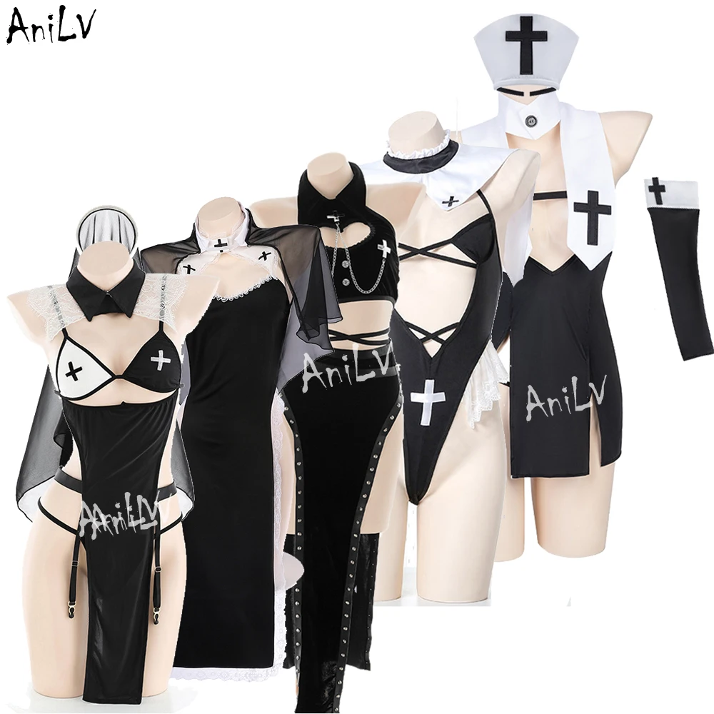 Anilv Nieuwe Nonnenserie Uniform Halloween Cosplay Vrouwen Middeleeuws Klooster Zuster Jurk Outfit Set Kostuums