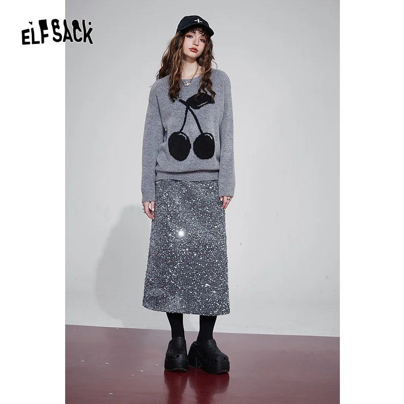 ELFSACK Korean Fashion Party Dress For Women 2023 Winter New Sparkly Elegant Luxury Bottom