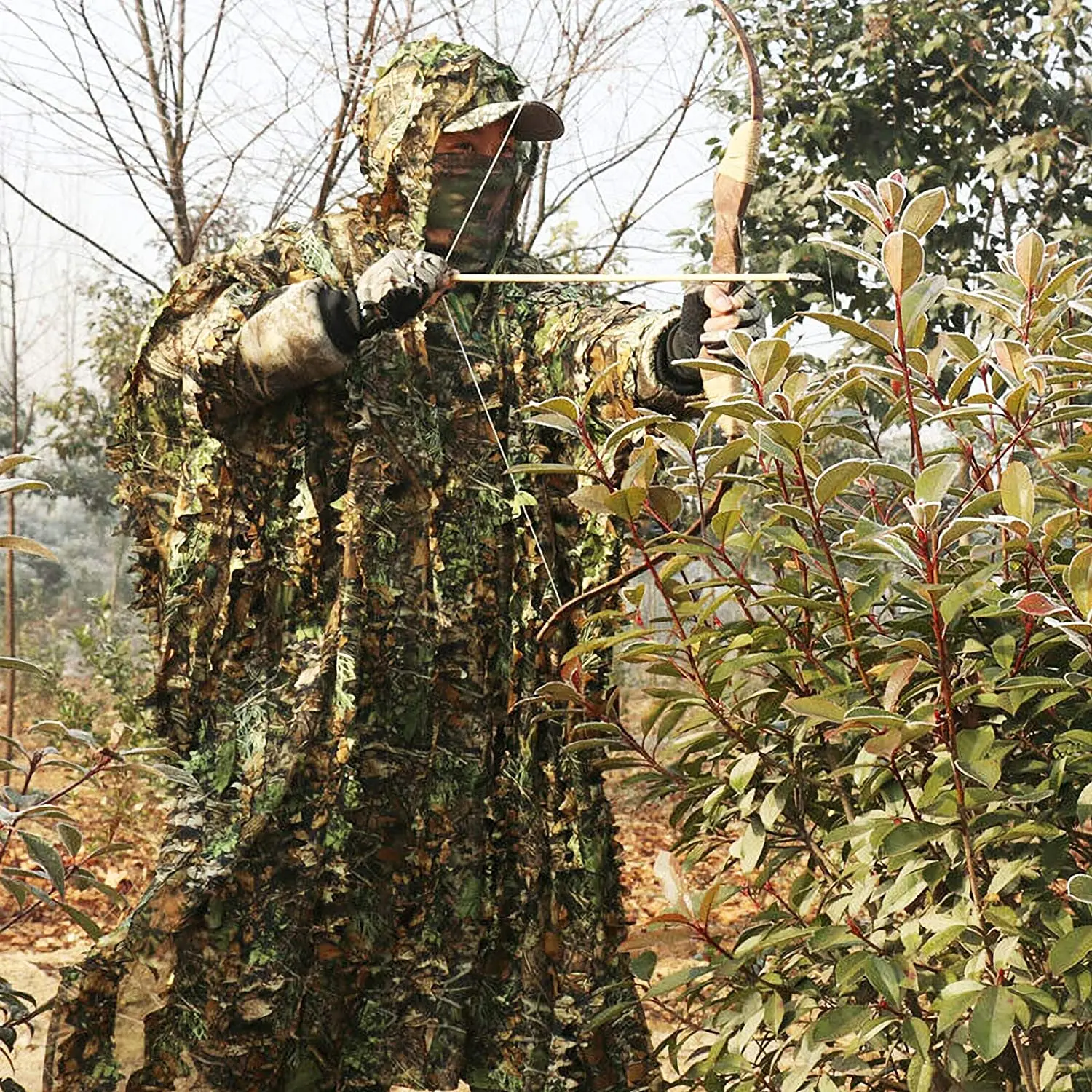 Camouflage Ghillie Poncho 3D Leaves Hunting Cape Camouflage Cloak Stealth Ghillie Suit for Military CS Woodland Hunting view 5