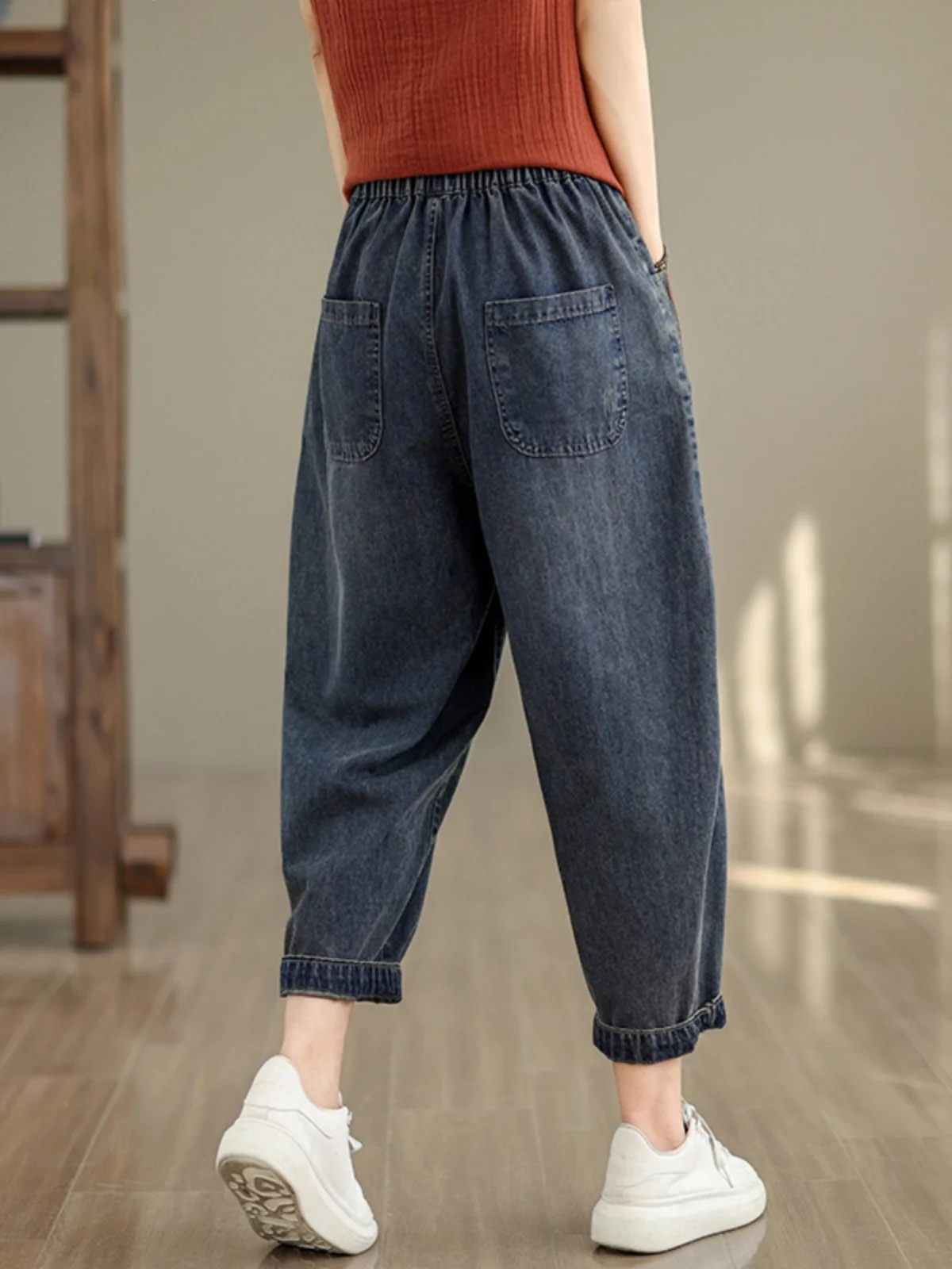 Damskie jeansy retro z pełnej bawełny, letnie, kolorowe, z naszywkami, dopasowane, długość 7/8, luźne spodnie typu \"kapusta\", uniwersalne.