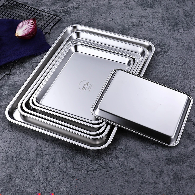 304 Thicked Stainless Steel Food Storage Tray Rectangle Oven Cake Bread Plate Flat Bottom Dishes Kitchen Tools