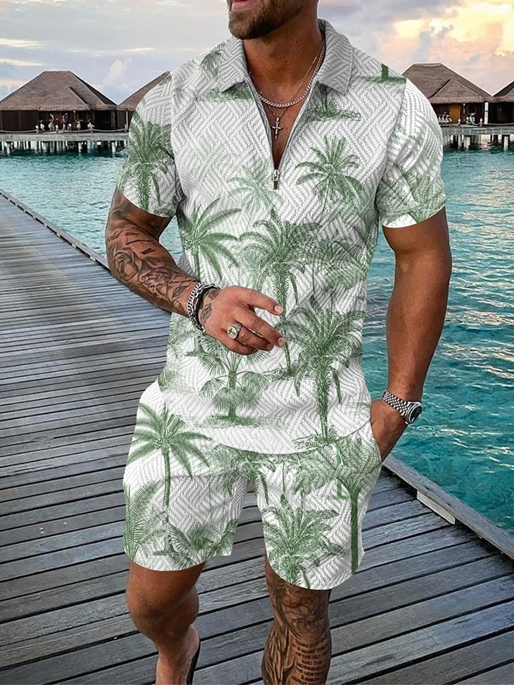 Hawaiian Coconut Tree 3D Print Men\'s Zipper Collar Tracksuit Summer Trend Polo Shirt Shorts 2pcs Sets Men\'s Streetwear Set