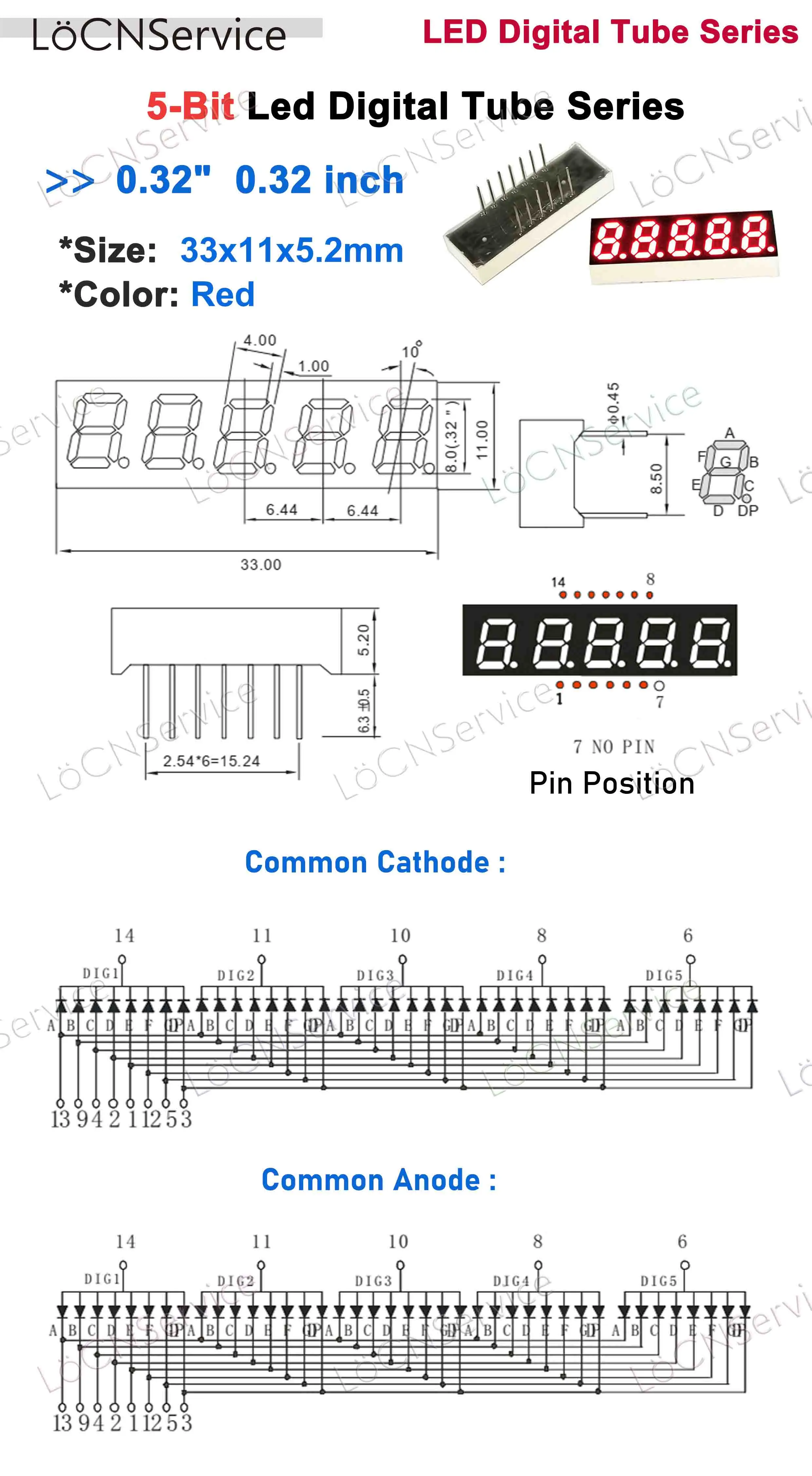 Tampilan LED 0.32 Inci Tabung Digital 5 Bit Merah Tinggi Terang Putih Tampilan Jam Anoda Katoda Umum 50 Buah LoCN Profesional