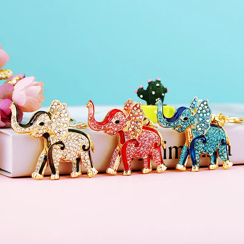 3D Auspicious Elephant Key Holder Chains Whole Enamel Colorful Crystal Bag Pendant Keyrings KeyChains