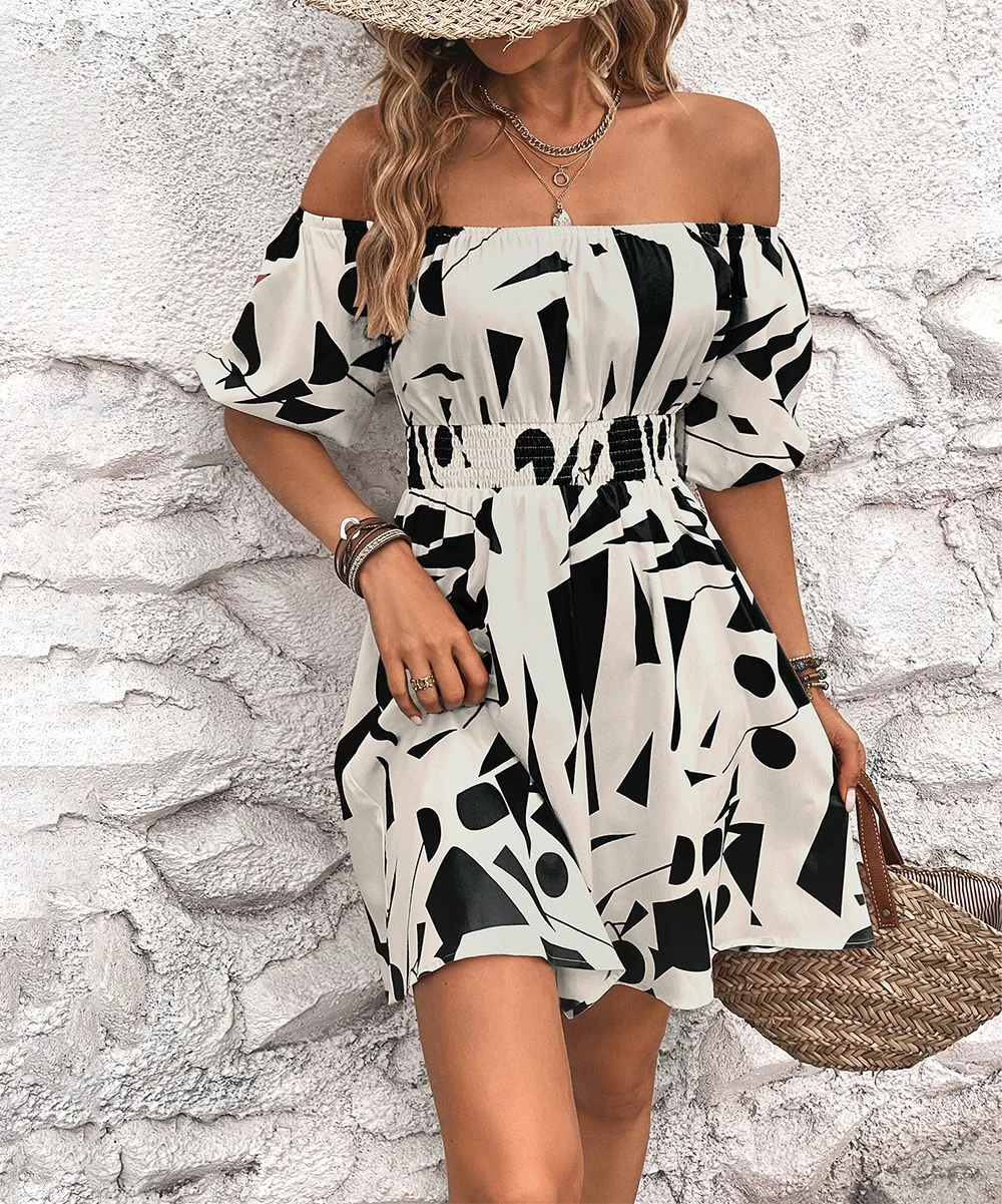 Minikleid für Frühling und Sommer, schulterfrei, schwarz, weiß, abstrakt, mit Puffärmeln, lässig, schick, für den Urlaub, Strandkleid