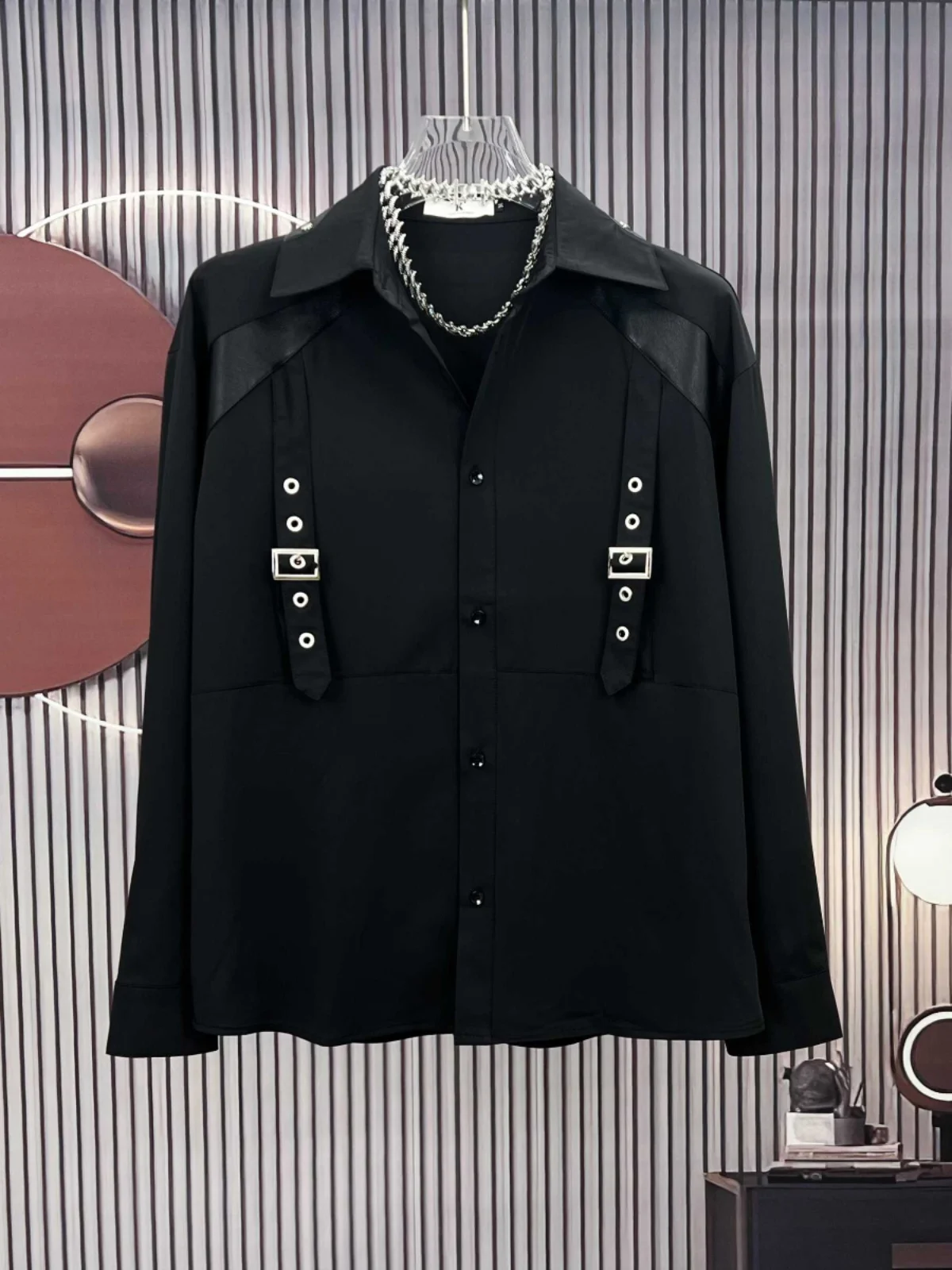 Men's 2024 Trendy Male New Long Sleeve Shirts Men's Fashion Loose Comfort Tops Single Row Multi-Buckle Metal Decorative Shirt