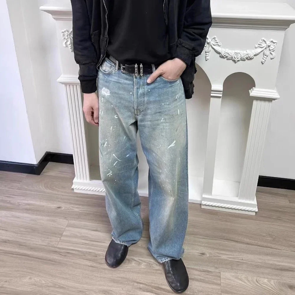 

Splashing Paint Washed Vintage Blue Baggy Jeans Pants for Men Straight Streetwear Loose Casual Oversized Denim Trousers