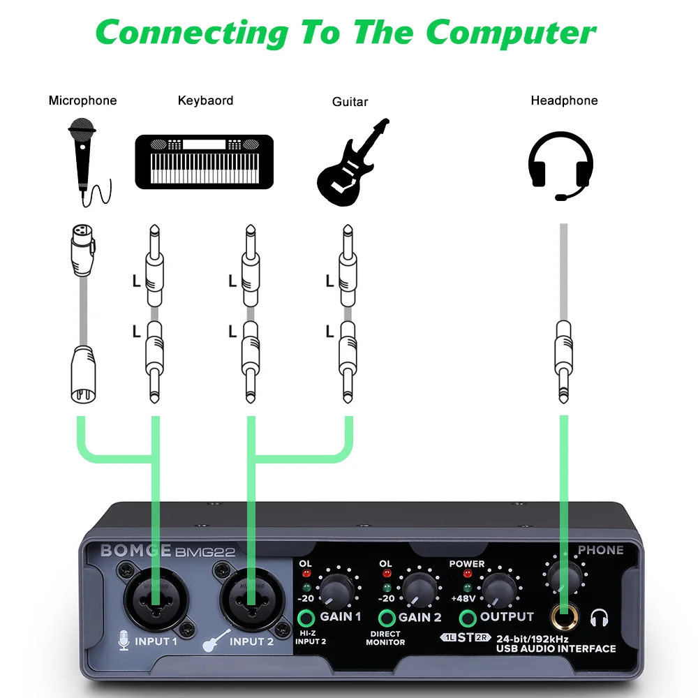 BOMGE USB Audio Interface 24 bit/192 kHz With XLR Phantom Power