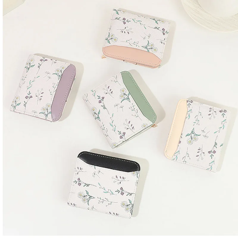 Cute Floral Print Short Wallet for Women Girls PU Leather Multi‑Card Slots Small Bifold Purse Portable Slim Coin Pocket Ladies