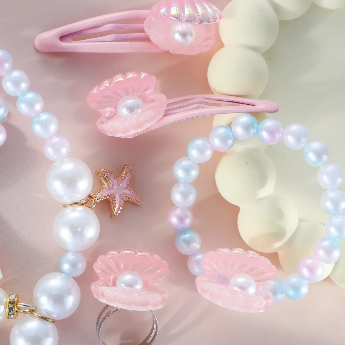 5 قطع طفل حورية البحر مجموعة للفتيات تقليد اللؤلؤ شل الأميرة اكسسوارات لطيف قلادة أقراط حلقة سوار مشبك شعر هدية