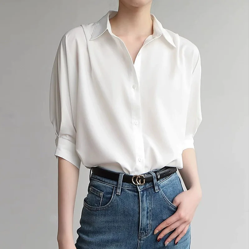 

Summer Loose Casual Mid- Shirt for Women, Thin Anti-Wrinkle OL Half- Blouse, Slimming Short-Sleeve Top