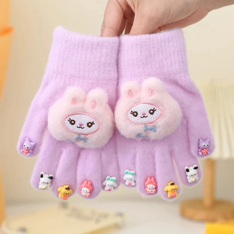 sanrio Kuromi Children Gloves Winter Cold-Proof Thick Warm Gloves My Melody Flip up Dual-use Knitted Gloves Christmas Gift