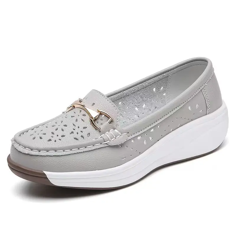 

Women's New Leather Hollow Out Wedges Casual Shoes Thick Sole Non Slip Round Toe Shallow Slip On Lightweight Loafer Shoes