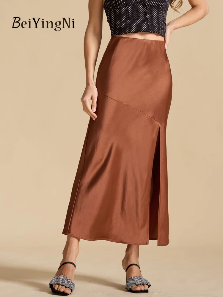 

Beiyingni Elegant Luxury Women Satin A-line Skirt Split Sexy Summer Fashion Slim High Waist Skirts Woman Plain Patchwork Skirt