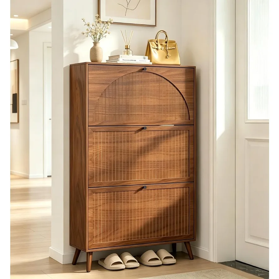 Shoe Storage Cabinet for Entryway with 3 Fluted Flip Drawers, Walnut