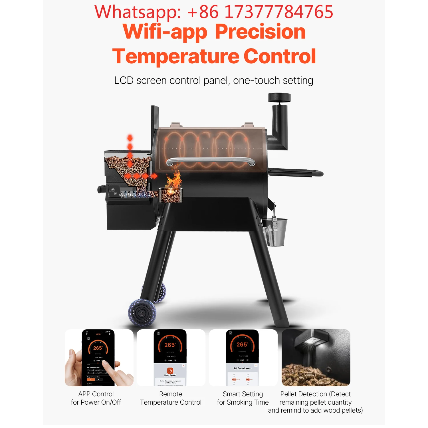Wood Pellet Grill Smoker BBQ Grills for Outdoor Cooking with WiFi-app Control, LCD Screen Controller for Camping Yard